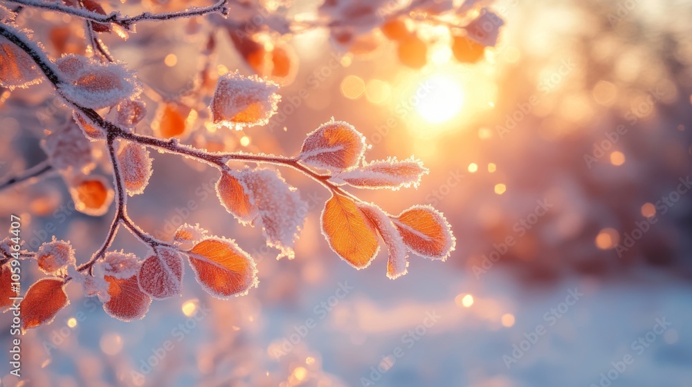 Aufkleber a branch adorned with frosted leaves captures the warm glow of the rising sun, creating a beautiful 