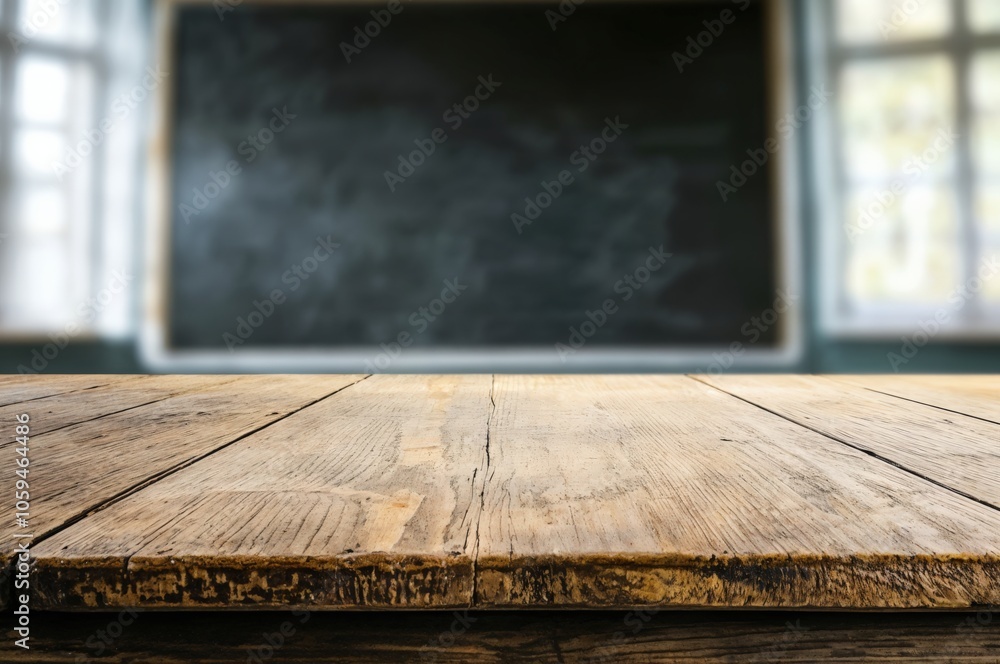 Poster Empty wooden table top with blurred classroom background for display