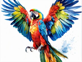 Obraz premium A vibrant watercolor illustration of a colorful parrot with outstretched wings.