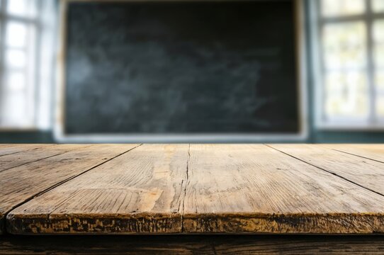 Empty wooden table top with blurred classroom background for display