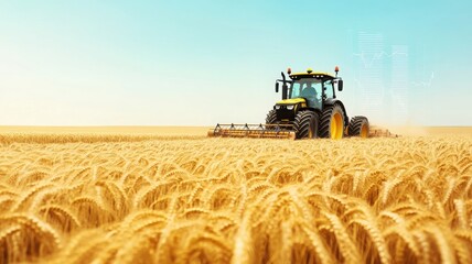 Fototapeta premium A vibrant field of wheat with a tractor harvesting the golden grains under a clear blue sky. Perfect for agricultural themes.
