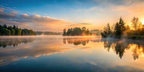Obraz premium Peaceful lake at dawn with mist rising from the water surface, dawn, tranquility