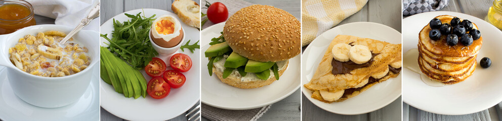 Collage of breakfasts on the gray wooden background. Close-up.
