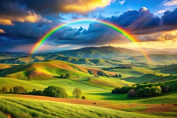 Obraz premium Rainbow-colored landscape with rolling hills and a sunny sky, serene environment, rainbow, vibrant colors, beautiful view