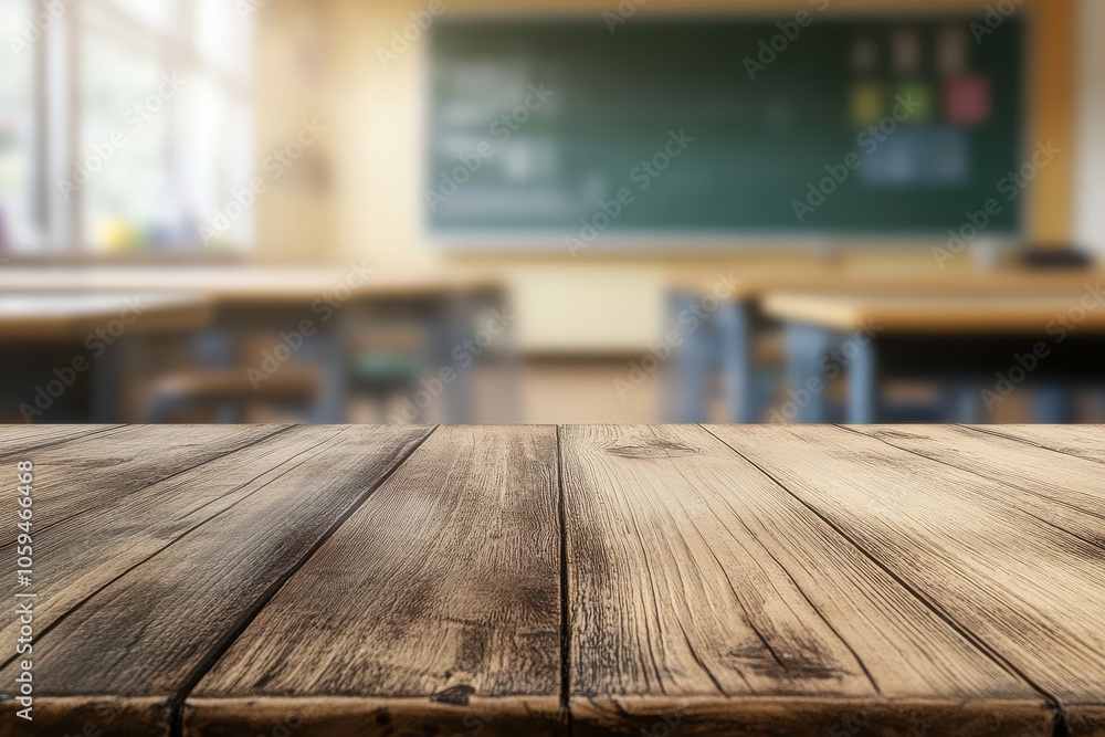Aufkleber rustic wooden table in a classroom setting, with blurred desks and a chalkboard in the background.