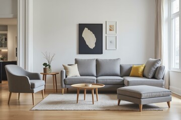 Minimalist Living Room with Gray Sofa and Complementary Decor for Calm and Relaxed Atmosphere