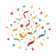 Festive Celebration Background with Colorful Confetti, Streamers, and Geometric Shapes in Red, Green, Yellow, and Blue on White Background
