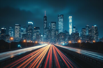 Fototapeta premium Illuminated Metropolis Night Cityscape Highways Urban Landscape Skyscrapers Vibrant Life