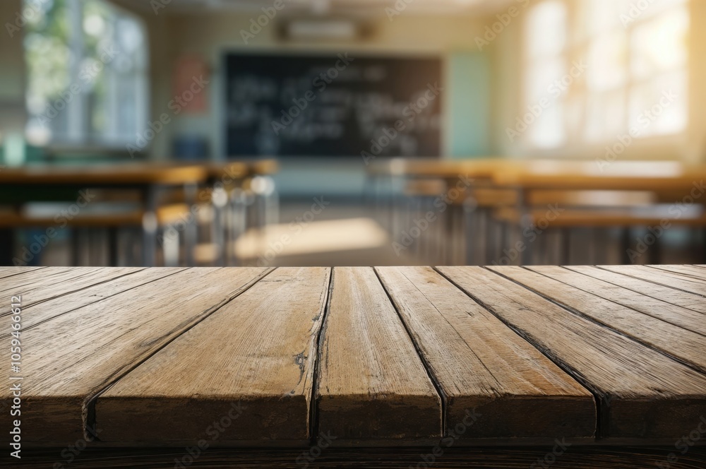 Poster wooden table in a sunlit classroom, with empty chairs in the background and a chalkboard