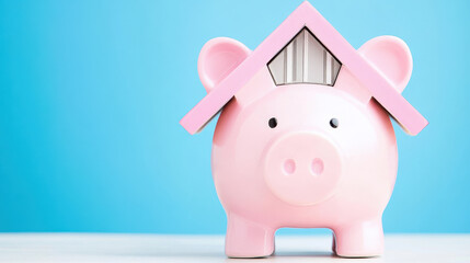 pink piggy bank with house roof symbolizes savings and financial security