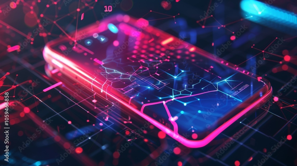Poster futuristic mobile phone displaying glowing connections and data flow, representing advanced technolo