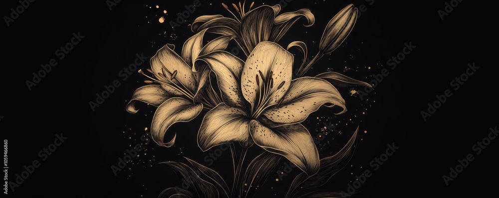 Poster a black background with a golden lily flower pattern, hand-drawn style delicate lines and texture hi