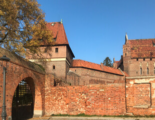 The castel in Malbork, Marienburg as seen from the river Nogat. Teutonic knights architecture in Poland. 