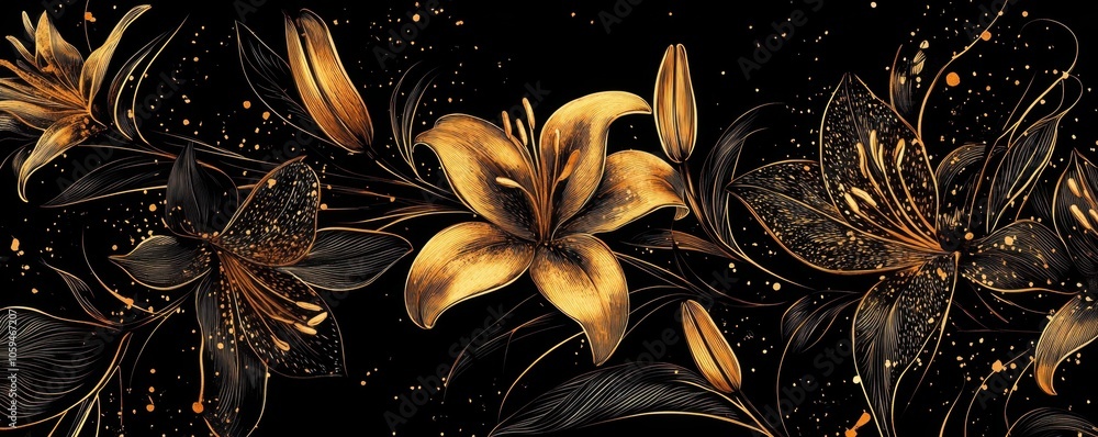 Poster black background with a golden lilies and leaves pattern wallpaper design featuring a line drawing e