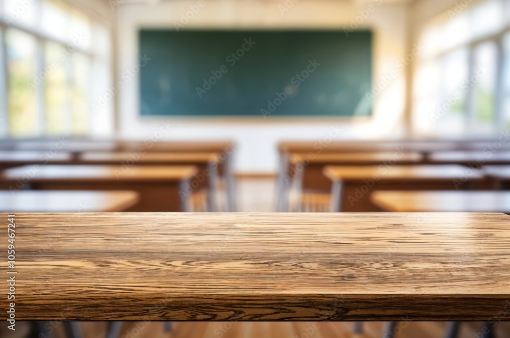 Poster empty classroom with wooden desks facing a chalkboard, learning and teaching.