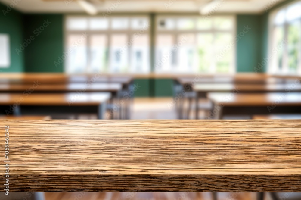 Aufkleber Close up view of a wooden desk in a classroom, with rows of empty tables and large windows