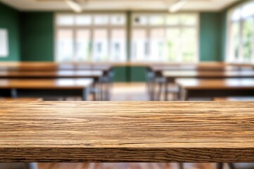 Close up view of a wooden desk in a classroom, with rows of empty tables and large windows