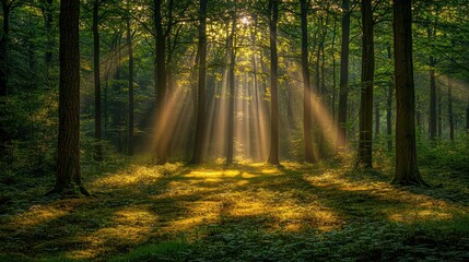 Obraz premium Sunlight Streaming Through Trees in Dense Forest