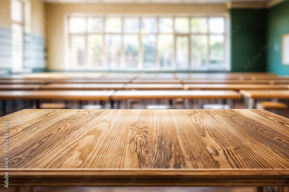 Poster classroom with wooden desks and empty rows
