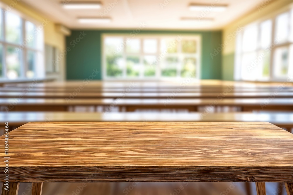 Poster wooden table in a bright, spacious classroom with rows of seating, large windows that allow natural 
