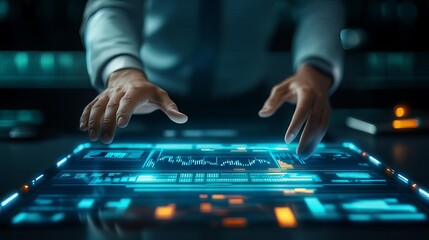 Futuristic financial planning, floating hologram, executive workspace