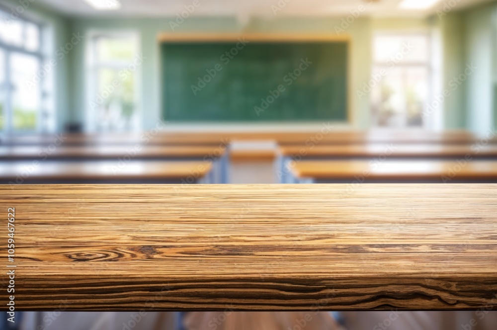 Poster wooden desk in an empty classroom, featuring green walls and a chalkboard in the background