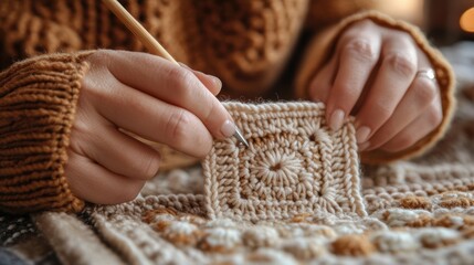A close-up of hands crocheting a cozy square in soft yarn, perfect for showcasing crafting, handmade projects, or lifestyle themes in blogs and articles, Ideal for hobbies, DIY, and warmth,