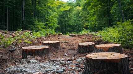 Fototapeta premium A forest clearing with stumps promoting the message of deforestation and the urgency to stop logging and restore forests