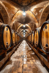 Obraz premium Italy's historic wine cellar with barrels. Wooden barrels line the illuminated aisles of a historic wine cellar