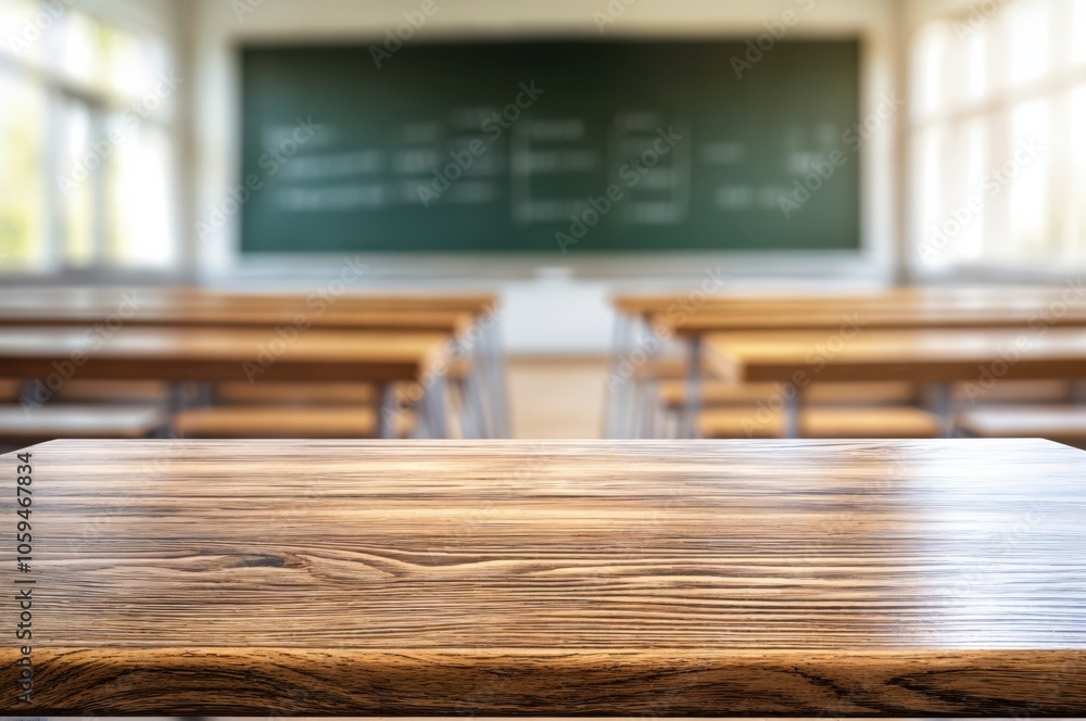 Poster wooden classroom table in focus, with blurred desks and a chalkboard in the background