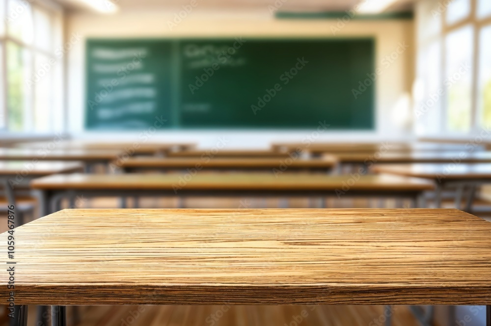 Aufkleber classroom setting featuring empty desks and chalkboards, with a warm wooden table