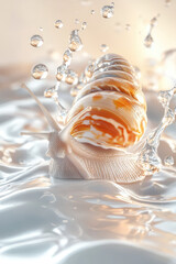Fototapeta premium Achatina Snail with Water Splashes and drops. Mucin Snail Hydration cosmetics, 3d background with copy space 