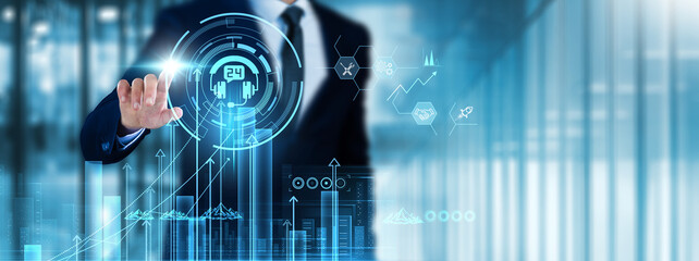 Customer Support: Businessman touches customer support analyzing graph feedback trends, response...