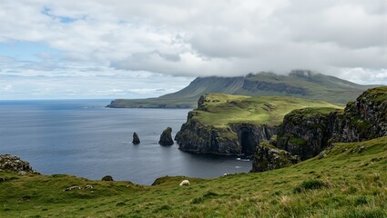 Picturesque Isle of Skye landscape with cliffs green hills sheep and dramatic clouds