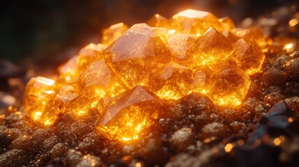 Fototapeta premium A close-up of a cluster of glowing amber crystals on a bed of smaller crystals, lit from below.