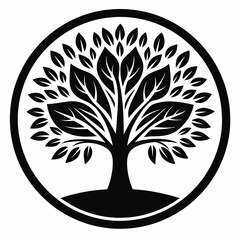 tree with roots black and white tree  isolated on a white background.  Vector illustration