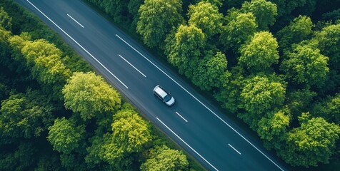 Fototapeta premium Aerial view of a car driving along a winding road surrounded by lush green trees