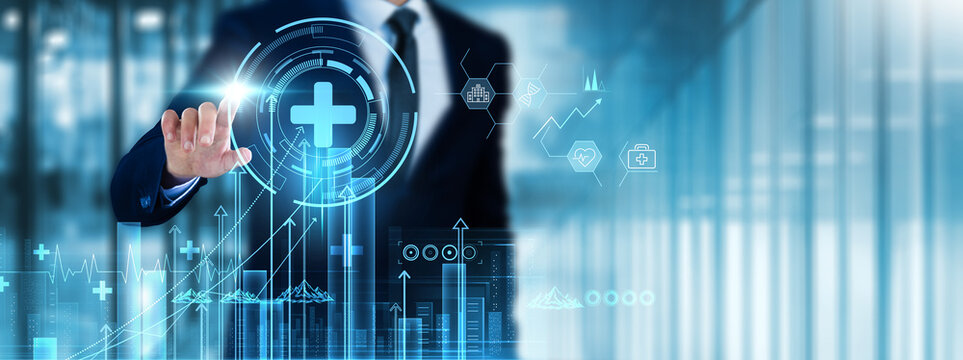 Health Care: Businessman touches health care analyzing graph patient outcomes, data analytics, cost efficiency, treatment effectiveness, regulatory compliance, population health management.