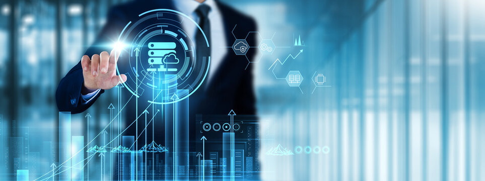 Hosting: Businessman touches hosting analyzing graph performance metrics, uptime, scalability, security features, customer support, data storage, cloud integration, cost efficiency.