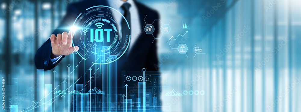 Poster iot: businessman touch iot device analyzing graph connectivity, data insights, automation, real-time