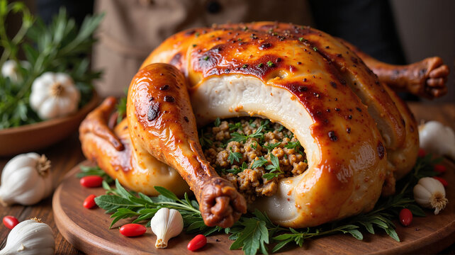 Holiday stuffed turkey garnished with herbs