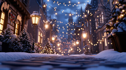 winter night scene with glowing street lamps and snow covered cobblestones creates magical