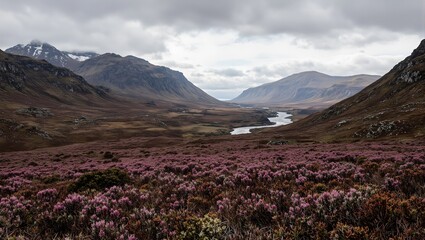 Fototapeta premium Scenic Scottish Highlands landscape with mountains river and purple heather under cloudy sky