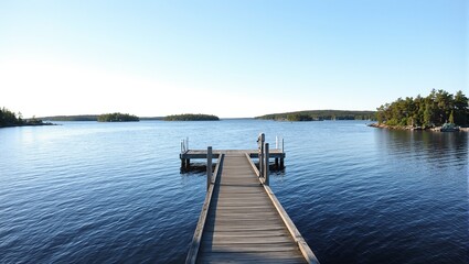 Fototapeta premium Tranquil Finnish archipelago at dusk with wooden dock and forested islands in calm blue waters