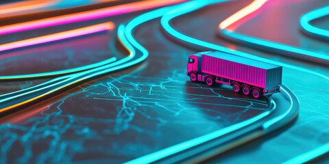 Miniature toy truck on digital map with neon route lines. Background for Logistics and transportation company