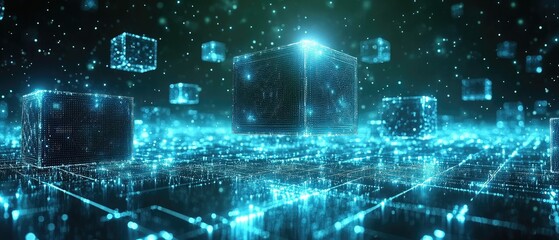 Obraz premium Abstract 3D glowing cubes in blue digital space.