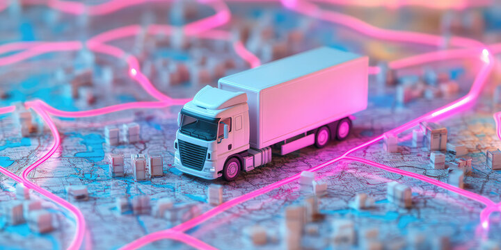 Miniature toy truck on digital map with neon route lines. Background for Logistics and transportation company