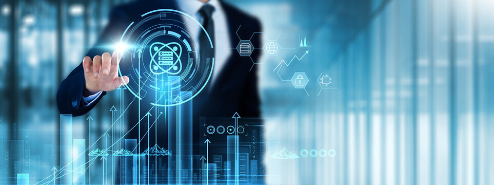 Quantum Computing: Businessman touches quantum computing analyzing graph performance metrics, algorithm efficiency, data processing, error correction, scalability, applications, cryptography.