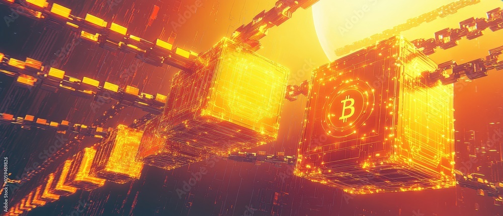 Poster abstract digital 3d illustration of glowing orange blocks connected by a chain symbolizing blockchai