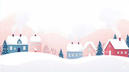 Winter village scene with smoke rising from chimneys, creating cozy atmosphere